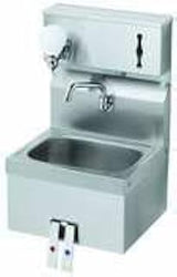 Krowne Metal HS-16 Wall Mount Hand Sink w/ 14"W x 10"FtoB x 6" Deep Bowl, Splash Mount Gooseneck Faucet, Knee Pedal Valves, Soap & Towel Dispenser