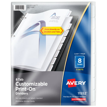 Avery Post Consumer Divider Set, 8 1/2" x 11", White, 5/Pack - 8-Tab
