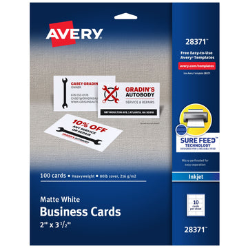 Avery 28371 Cardstock Business Card, 2" x 3 1/2", White, 100/Pack - Default Title