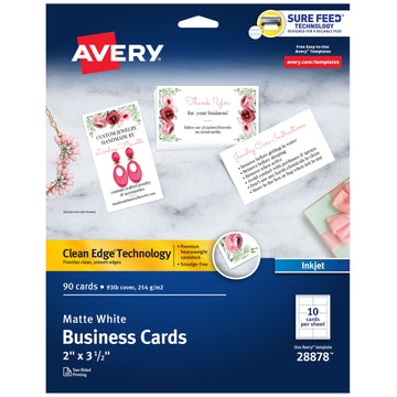 Avery Cardstock Business Card, 2" x 3 1/2", White - 90/Pack