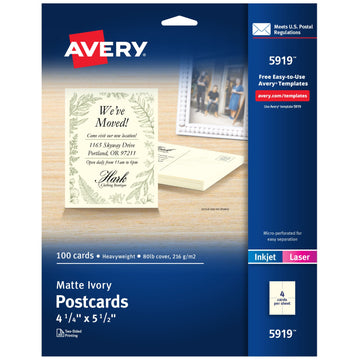 Avery 5919 Cardstock Postcard, 4 1/4" x 5 1/2", Ivory, 100/Box - Default Title