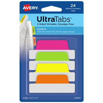 Avery Self-Adhesive Tab, 2 1/2" x 1", Assorted, 24/Pack - Neon