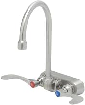 S-1146-04 4" Wall Mount Stainless Steel Workboard Faucet w/ 4" Wrist-Action Handles, SS Swivel Gooseneck with 2.2 GPM Aerator