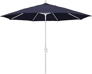 California Umbrella 11' Round Aluminum Market Umbrella, Crank Lift, Collar Tilt, White Pole, Sunbrella Navy