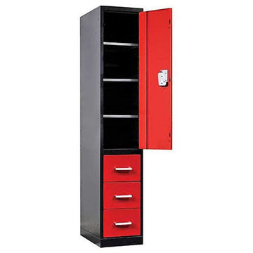 Fort Knox Locker - Half Height Door & 3 Drawers by Hallowell – 24"L x 24"W x 78"H, Alloy Steel, Black Body, Red Door, Model FKL4478-3D-ME