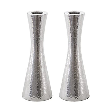 Emanuel Hammered Aluminum Pillar Candlestick Holders, Medium 5.7 Inch, Silver