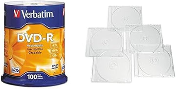 Verbatim DVD-R AZO Dye 4.7GB 16X 100 Discs Spindle + 25 Clear Slim Storage Cases – Data & Music Recording Bundle