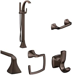 Moen Voss 695ORB Floor Mount Tub Filler with Handshower & Bathroom Hardware Set - Double Post TP Holder, Double Robe Hook, Towel Ring & 24-Inch Towel Bar, Oil-Rubbed Bronze