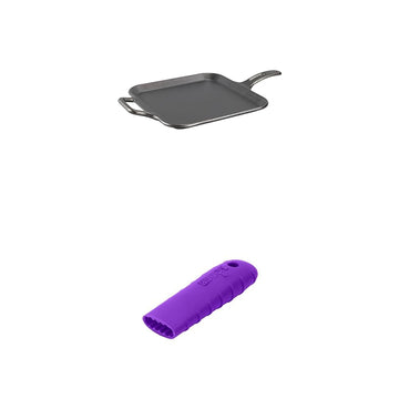 BOLD 12 Inch Seasoned Cast Iron Square Griddle + Lodge BOLD Silicone Hot Handle Holder - Vivid Purple – 12", Cast Iron, Square Griddle + Silicone Hot Holder - Vivid Purple