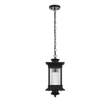 Collins One Light Outdoor Pendant Black by Lighting Design – Iron, Black, Model OD316H18BK