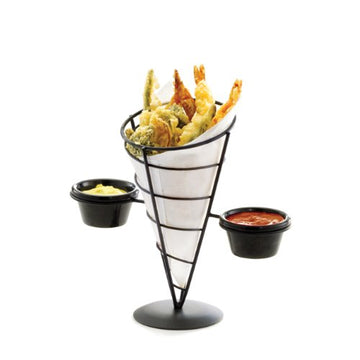Vertigo Collection Appetizer Cone with Two Ramekins by Tablecraft – 3.0 ounces, Black, Model PKCW001
