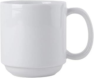 Tuxton China BPM-110J Yukon Mug, 11 oz., 4-3/4" x 3-3/8" x 3-5/8"H, With Handle, Stackable, Microwave and Dishwasher Safe, Oven Proof, Fully Vitrified, DuraTux, Porcelain White, Pack of 12