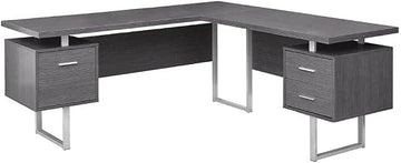 Laminate Corner Computer Desk with Storage Drawers, Reversible L-Shaped Home Office Desk with Metal Frame for Office, Grey