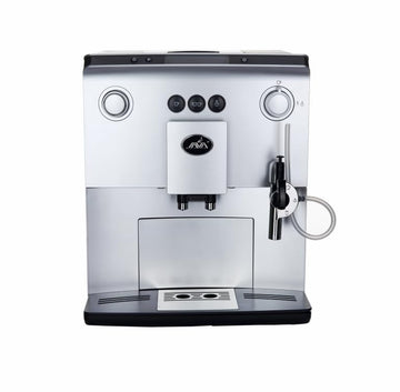 Programmable Espresso Machine with Milk Frother for Cappuccino and hot water for Americano. 10 Languages by Omcan – medium Net Dimensions (WDH):11” x 16.7” x 13.8”, Model 44602