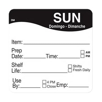 DAYMARK FOOD SAFETY SYSTEMS MarketPRO DayMark DissolveMark Square Sunday Dimanche Domingo Day of the Week Dissolvable Removable Label Black | 250/Roll