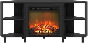 Furnifact Americano Wood Corner Fireplace TV Stand with Metal Legs, Modern Media Console for TVs Up to 55 Inches with Durable Construction