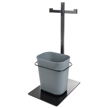 Double Arm Modular Sanitizer Stand with Trash Can - 15 1/5" L x 12 3/5" W x 29" H by HUBERT – Steel, Black, Model 19617/28368/247