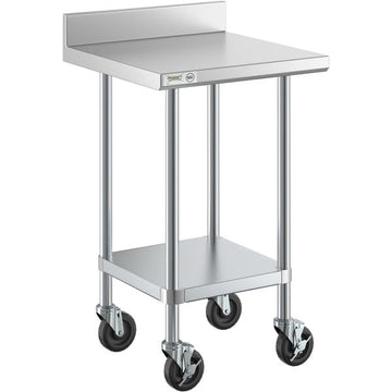 Commercial Work Table with Backsplash – 304 Stainless Steel, 24x24 Inch, Galvanized Legs, Undershelf, Casters, 400 lb Capacity