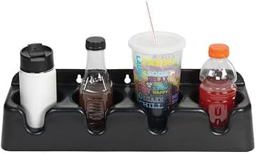 PCH-4B Countertop or Surface Mounted Beverage Organizer, 4 Compartment ABS Plastic Cup and Container Holder for 8–44 oz Sizes, 3-1/2" Max Diameter, 5"H x 20"W x 5"D, Black