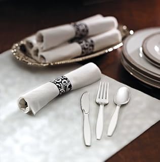 Hoffmaster 119978 Linen-Like CaterWrap Pre-Rolled Dinner Napkin and Heavyweight Cutlery, Scroll, White/Metallic (Case of 100), 17 x 17 inches