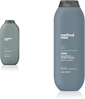 Method Men Body Wash, Sea + Surf, Paraben and Phthalate Free, 18 fl oz (Pack of 1) & Men 2-in-1 Shampoo and Conditioner, Sea and Surf, Paraben and Phthalate Free, 14 fl oz, 1 Ct