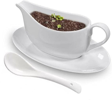 Qlans Ceramic Gravy Boat With Ladle, 17 Ounces, White