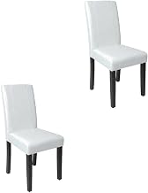 Furnifact Solid Wood Faux Leather-Upholstered Parson Dining Chairs Set of 2, Upholstered Dining Chair for Kitchen and Dining Room Table, White