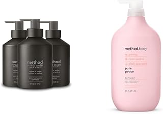 Method Gel Hand Soap, Vetiver + Amber, Reusable Black Aluminum Bottle, Biodegradable Formula, 12 oz & Body Wash, Pure Peace, Paraben and Phthalate Free, 28 oz