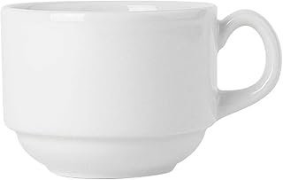 Tuxton Mugs, Cups & Saucers Porcelain White 8-Ounce Stackable Cup, Case of 36, Bright White; Scratch Resistant; Chip Resistant; Lead & Cadmium Free; Dishwasher, Microwave, Oven Safe
