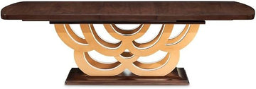 Michael Amini Brown Rectangular Pedestal Dining Table Solid and Manufactured Wood Construction Durable Poplar Hardwood Warm Pecan Finish Elegant Design for Stylish Dining Rooms