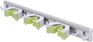 Pine-Sol Mop and Broom Holder - Hanging Wall Mount Storage Rack with 3 Slots and 6 Hooks - Adjustable Cleaning Tool Organizer for Garage, Kitchen, and Utility Closet