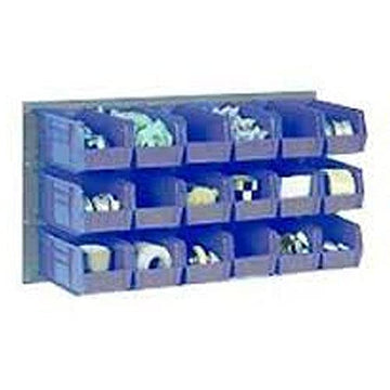 Wall Bin Rack with 8 Blue Bins by Global Industrial – 11"L x 36"W x 19"H, Alloy Steel, Gray, Model 550202BL