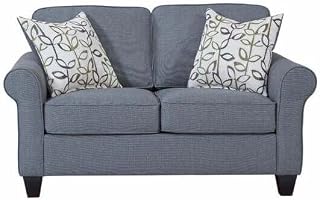 Blue Loveseat with Pillows - Cottage Style Round Arm Sofa, Linen-Like Fabric