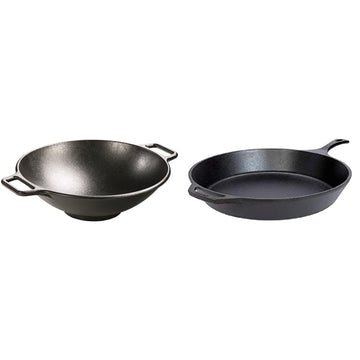 14 Inch Cast Iron Wok 15 Inch Cast Iron Skillet by Lodge – 14", Cast Iron, Black, Pack of 2
