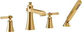Moen TS928BG Flara 2-Handle Deck Mount Lever Handle Roman Tub Faucet Trim Kit, Valve Required, Including Single Function Handshower, Brushed Gold
