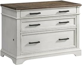 White Lateral File Cabinet in Rustic and French Oak Finish, Wood Construction, Wide Home Office Document Storage Solution