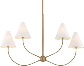 Troy Lighting Evermore 4-Light Linear Chandelier | Patina Brass | Off-White Linen Shades | Nature-Inspired Design | Graceful Arched Arms | Rectangular Steel Frame | Damp Rated | Model F1948-PBR