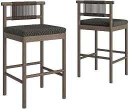 Modway Eleni Set of 2 Outdoor Teak Wood Bar Stools with Rope Backrests in Weathered Gray Flint - Patio Bar Chairs with Sunproof Foam Cushions