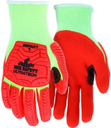 MCR Safety UT1953S UltraTech 13 Gauge Hypermax Work Glove, Hi-Visibility Red TPR Impact Protection Safety Glove, Nitrile Foam Coated Palm & Fingertips, Small