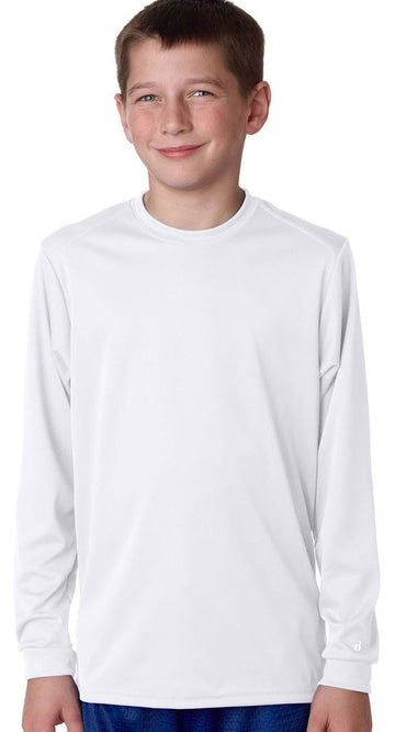 B-Core Youth Long Sleeve T-Shirt M White by Badger – Polyester, White, Model 2104
