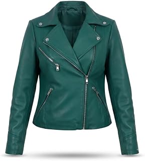 Women's Avery Genuine Lambskin Leather Moto Jacket – Emerald Green Slim Fit Biker Jacket