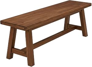 Furnifact Solid Acacia Wood Dining Bench with Trestle Base, Square Seat Entryway Bench for Farmhouse Dining Room Table Set