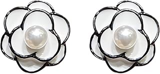 Channel V Vintage Black Rose Earrings Silver Post for Women Black White Flower Small Pearl Earring for Birthday Valentine's Day Gift