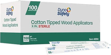 Dynarex 6-Inch Sterile Cotton Tipped Applicators - Single-Use Wooden Cotton Tip Applicators for Wound Care & Dressing, Hygiene, Makeup, Cleaning - 1 Box of 100 Pouches, 1 per Pouch
