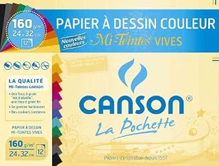 Canson Pack of 10 Pockets of 12 Sheets of Semi-Coloured Drawing Art Paper 320 x 240 mm 160 g Bright Colours Art Supplies