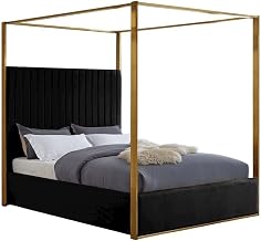 Starlight Canyon Home Velvet-Upholstered Canopy Platform Bed with Button-Tufted Headboard, Bed Frame with Headboard and Gold Legs, Black Velvet, King