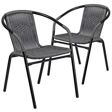 2 Pack Indoor or Outdoor Restaurant Chair with Black Frame Finish and Gray Rattan by Flash Furniture – Aluminum, Grey, Model TLH-037-GY-BZP8