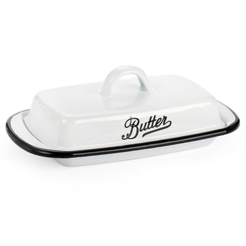 Suwimut Enamel Butter Keeper, White with Black Trim, 7.7 x 4.3 x 2.6 Inches