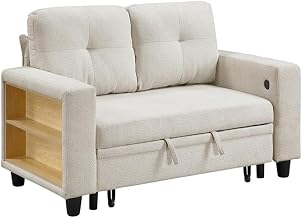 Lexicon Robinson Boucle Love Seat with Pull-Out Bed & Shelves in Beige