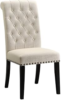 Tufted Upholstered Dining Chairs, Beige Linen-Like Fabric, Rustic Espresso Finish, Set of 2, Rubberwood Construction, Nailhead Trim, 41.5 in Height, Button-Tufted Armless Kitchen Seating
